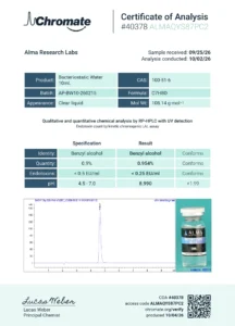 Certificate of analysis for Bacteriostatic Water (0.9% Benzyl Alcohol), lot AP-BW10-260215