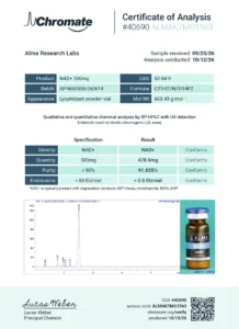 Certificate of analysis for NAD+, lot AP-NAD500-260614